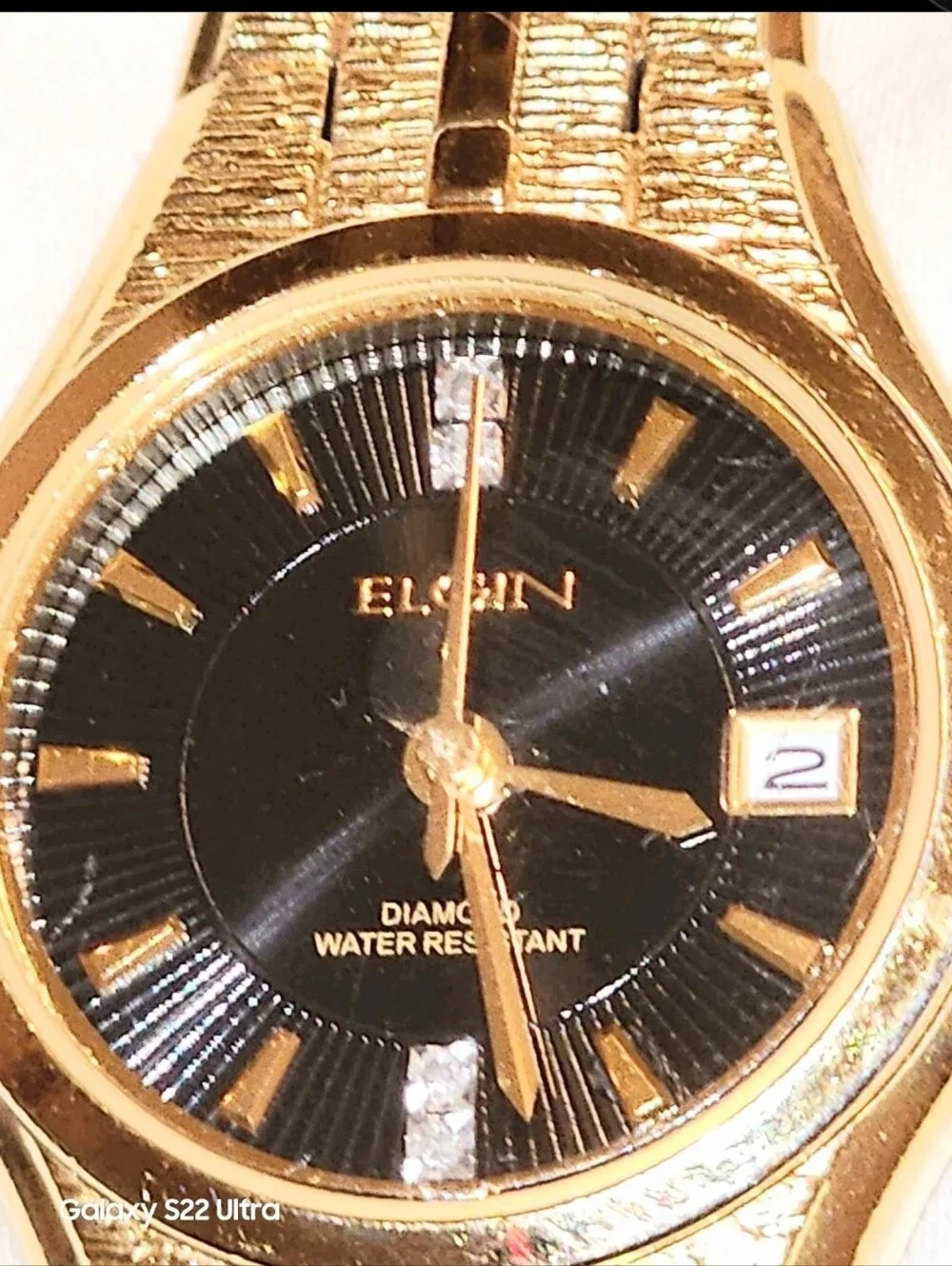 Elgin Gold-Tone Women's Dress Watch with Black Dial